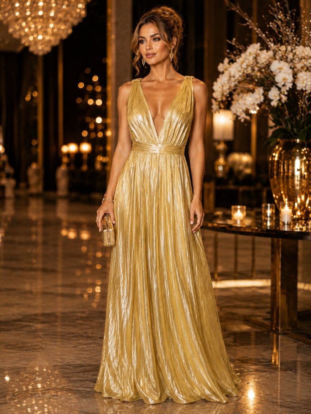 Sincerely Jules Gold Metallic Pleated Goddess Maxi Dress XS NWOT